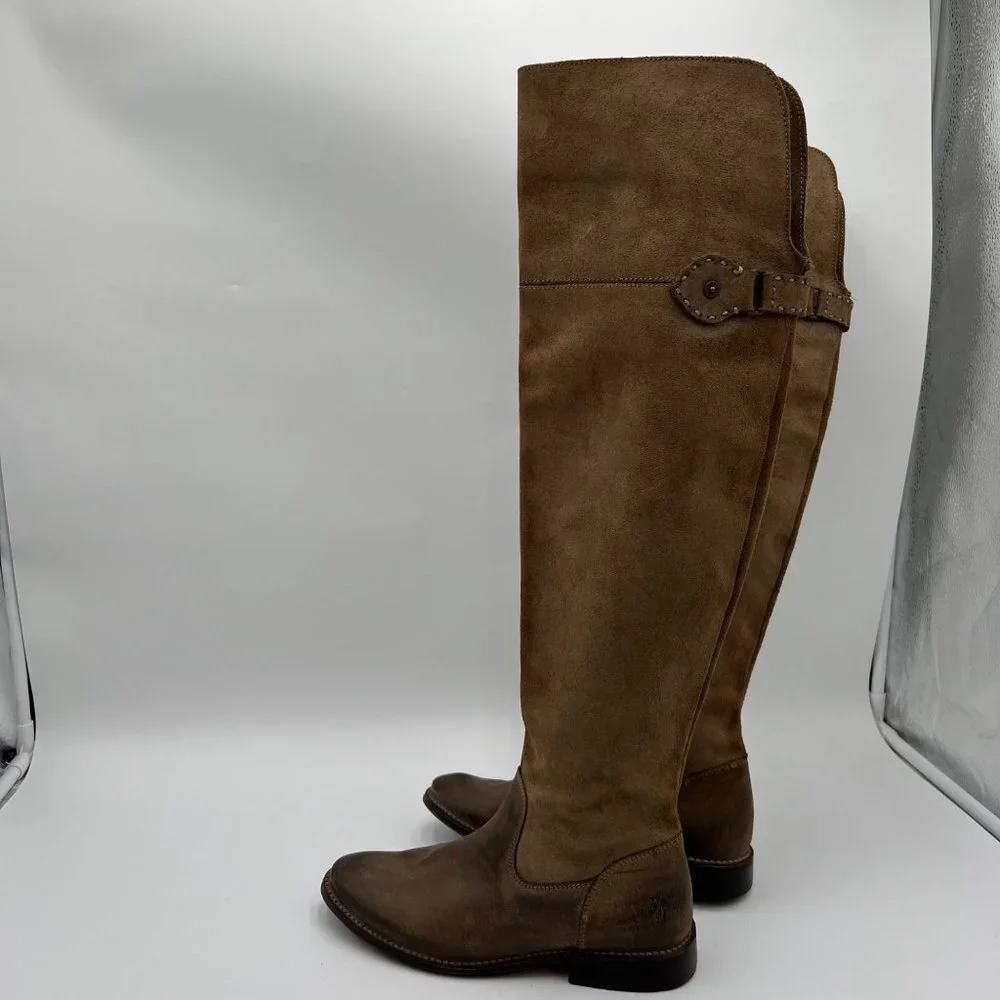 FRYE Shirley Boots Sz 5.5 B OTK Over The Knee Tall Olive Gray Tan Leather Riding